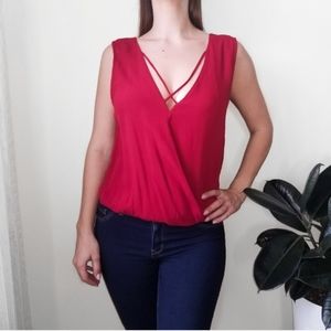 Gorgeous Bodysuit Strappy V-neck Blouse Wrap-style Sleeveless Top Larje